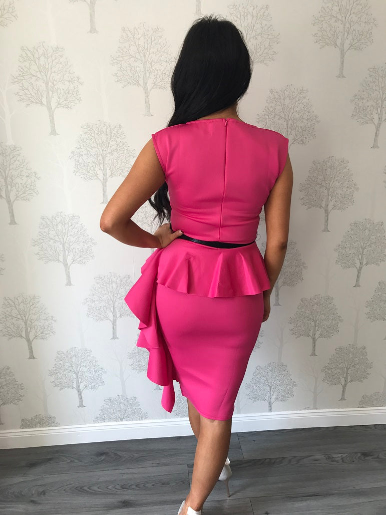 Nancy Pink Fitted Frilled Dress With Belt